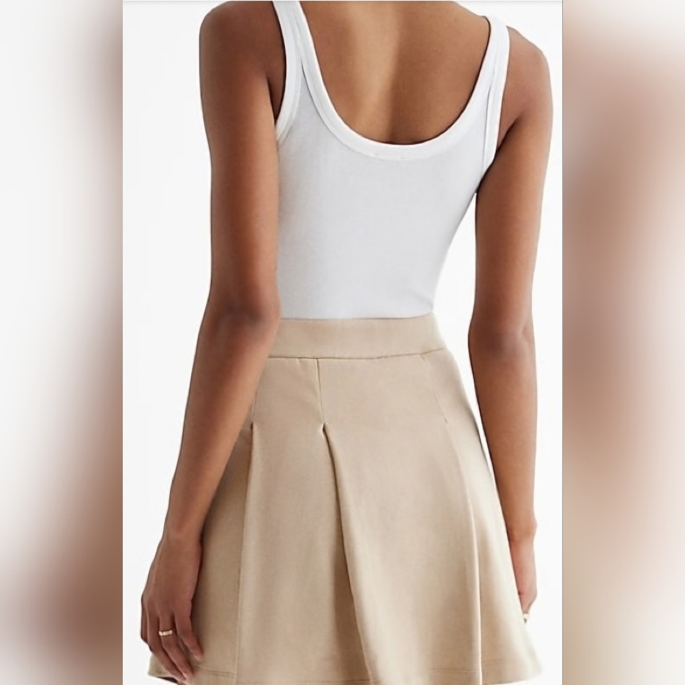 Express High Waisted Fleece Knit Pleated Mini Skort - Khaki - Size S - Picture 2 of 4
